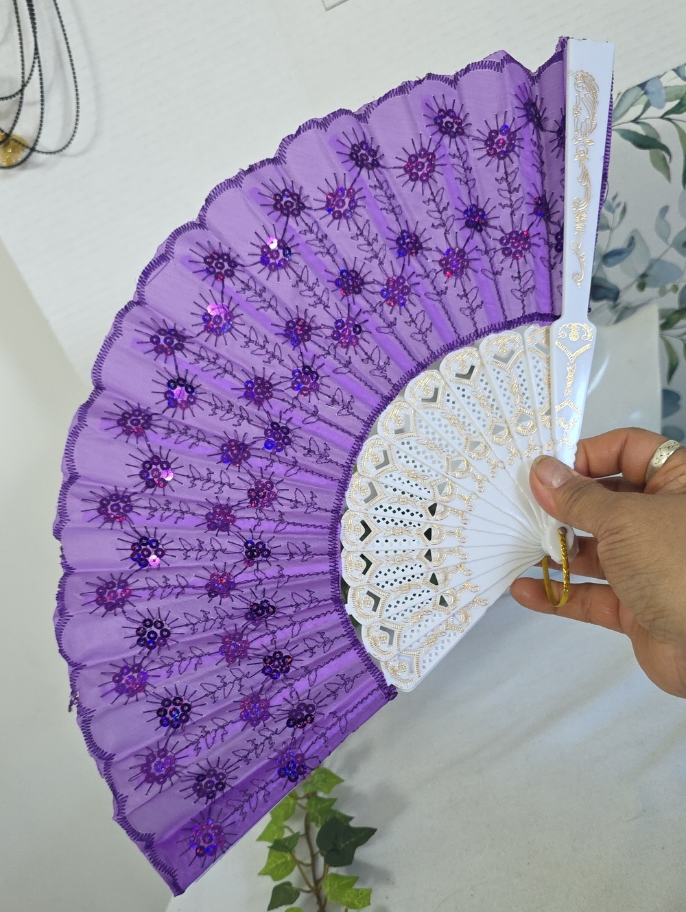 Purple And White Sequin Folding Hand Fan